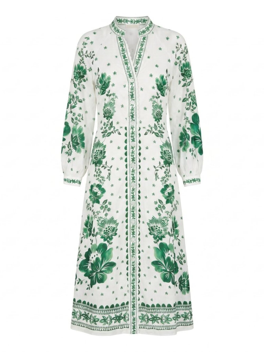 Magaschoni Linen Blend Floral Maxi Dress Green White Button Front Medium NWT